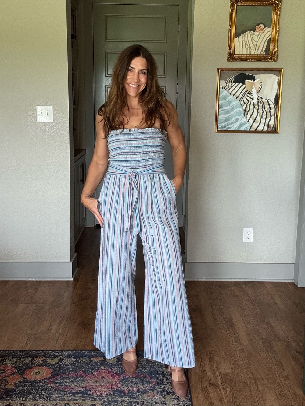 Altar’d State Striped Strapless Wide Leg Jumpsuit Medium